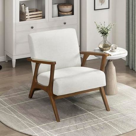 Lexicon Mid-Century Modern Accent Chair, Woven Chenille Fabric Lounge Chair, Chestnut Solid Wood Frame, Wide Arm Rest and Cushioned Comfort for Living Room/Office/Bedroom/Reading Nook, Beige Lexicon