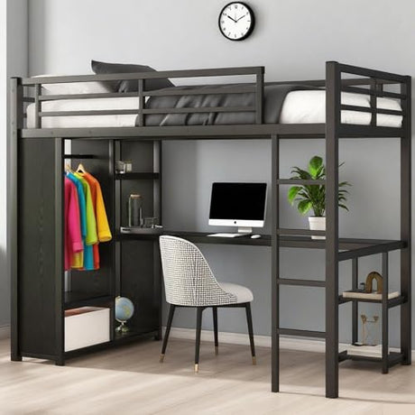 Bellemave Metal Twin XL Size Loft Bed with Desk and Wardrobe,Heavy Duty Loft Bed Frame with Storage Shelves for Kids,Teens,Adults, Space Saving,Black Bellemave