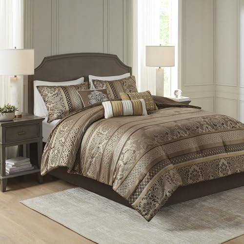 Madison Park Bellagio Cozy Comforter Set - Luxurious Jaquard Traditional Damask Design, All Season Down Alternative Bedding with Matching Shams, Decorative Pillow, Queen(90"x90"), Brown/Gold 7 Piece Madison Park