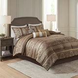 Madison Park Bellagio Cozy Comforter Set - Luxurious Jaquard Traditional Damask Design, All Season Down Alternative Bedding with Matching Shams, Decorative Pillow, Queen(90"x90"), Brown/Gold 7 Piece Madison Park