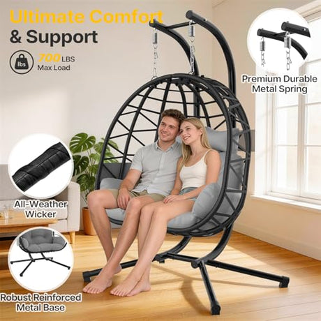 Suteck Double Hanging Egg Chair with Stand, Outdoor Indoor 2 Person Wicker Egg Swing Chair with Cushion, 700lbs Capacity for Patio, Bedroom, Garden - Black Suteck