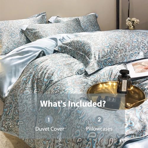 TodaFre Blue Duvet Cover Queen Size Set, 3 Pieces Lightweight Satin Bedding Set - 1 Cashew Printed Duvet Cover 90x90 Inches with Zipper Closure, 2 Pillowcases TodaFre