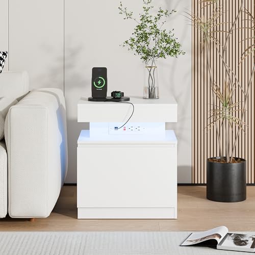 Cozy Castle LED Nightstand, LED Night Stand with Charging Station,Storage and Flip Top, Small End Side Table for Bedroom, Living Room (1, White) Cozy Castle