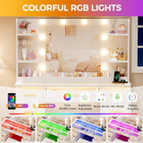 ANWBROAD Vanity Desk with Mirror and Lights 3 Colors Large Makeup Vanity Table Set Transparent Glass Top with 9 RGB Drawers, 4 Shelves Vanity Desk with Stool Power Outlet White Bedroom Women UBDT94W ANWBROAD