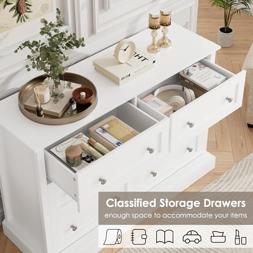 FACBOTALL Modern 6 Drawer Double Dresser, White Dresser Wood Dresser, Wide Chest of Drawers with Deep Drawers & Mental Double Handles Nursery Dresser for Living Room, Hallway FACBOTALL