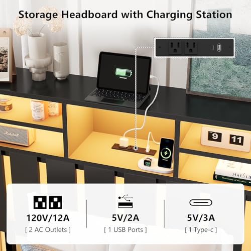 Twin Size Bed Frame with Charging Station and LED Lights, Twin Bed Frames with Storage Headboard, Black LED Bed Frame with Storage Shelves, Metal Platform with Under-Bed Storage, No Box Spring Needed CSZZD