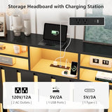 Twin Size Bed Frame with Charging Station and LED Lights, Twin Bed Frames with Storage Headboard, Black LED Bed Frame with Storage Shelves, Metal Platform with Under-Bed Storage, No Box Spring Needed CSZZD