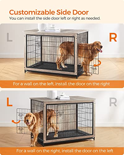 Feandrea 44.1" Dog Crate Furniture, Indoor Dog Cage Side End Table, XL Pet Wood Kennel for Large and Medium Dogs up to 80 lb with Multi-Purpose Removable Tray, Double-Door Pet House, Greige Feandrea