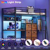 Decofy Twin Metal Loft Bed with Desk, 6 Storage Cabinet, LED Light Bunk Bed Frame Twin Size with Charging Station, No Box Spring Needed, Extra Wide Stair Treads&Safety Ladder, Hanging Rod&Guardrail Decofy