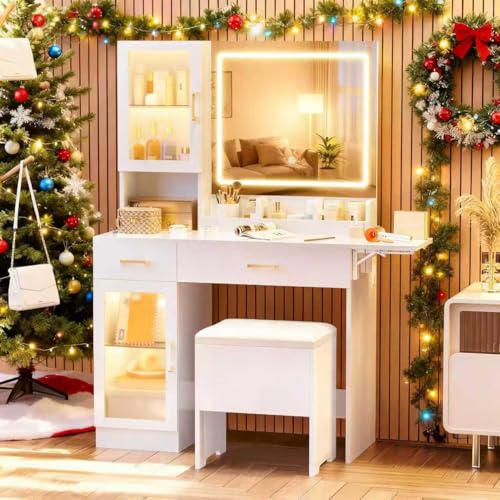 NUNU LAB White Vanity Desk with Mirror and Lights, Makeup Vanity Set with Storage Shelf and Drawers, Bedroom Dressing Table with RGB Cabinets, Cushion Stool for Women, Girls, Teens (052 White) NUNU LAB
