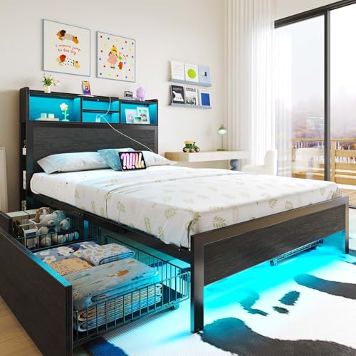 Rolanstar Twin Bed Frame with Storage Headboard & 4 Drawers, Metal Platform Bed with Charging Station, LED Single Bed with Side Shelf, No Box Spring Needed, Easy Assembly, Black Rolanstar