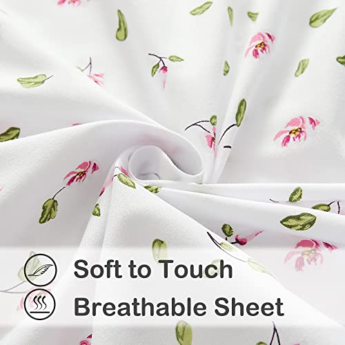 Mooreeke Full Sheets Set - 4 Pieces Soft Breathable Microfiber Bed Sheet Set - Pink Flower Green Leaf Pattern Sheet Set - Deep Pocket Non-Slip Floral Printed Fitted Sheet Included for All Season Mooreeke