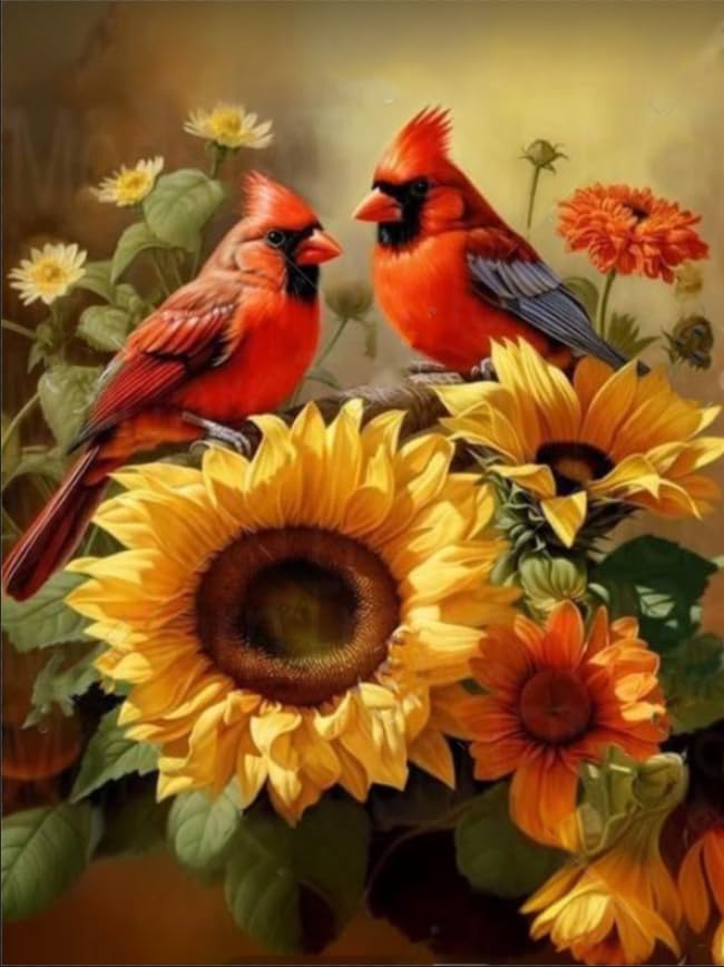 Diamond Painting for Adults Kits, 5D Cardinal Diamond Art Kits for Beginners, DIY Full Drill Sunflowers Diamond Gem Art Kits for Home Wall Decor 12x16 Inch Mrnsiet