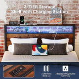 Queen Bed Frame with Storage Headboard and Charging Station, Metal Bedframe with LED Lights, Queen Size Platform Bed with Heavy Duty Slats, 100% Anti-Slip Mattress, No Box Spring Needed, Rustic Brown Susalt