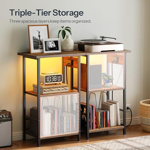 HOOBRO Record Player Stand with Charging Station and LED, Turntable Stand with Storage, 3 Tier End Table Hold Up to 100 Albums, Record Table for Vinyl, Living Room, Rustic Brown and Black BF06UDRS01 HOOBRO