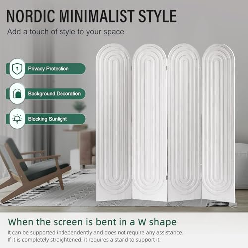 Aletheiawu Room Divider and Folding Privacy Screen 4 Panel Wood Arched Room Divider Wall, Separators Divider for Room Separation, Folding Portable Partition Screen for Home Office Bedroom (White) Aletheiawu