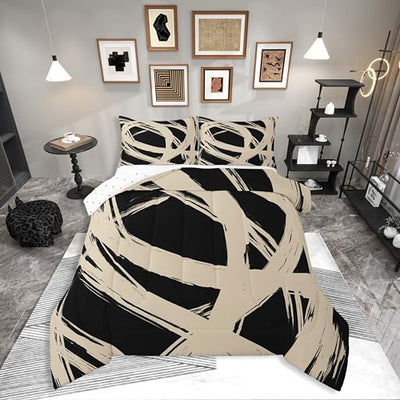 Erosebridal Beige and Black Abstarct Queen Comforter Set for Adult Women Men, Geometric Striped Bedding Set for Minimalists,Graffiti Aesthetic Lines Quilt,Contemporary Boho Modern Art Duvet Insert