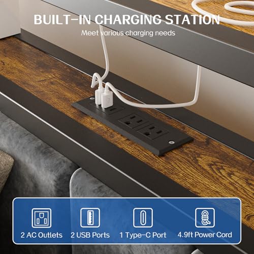 Liians Twin Size Platform Bed Frame with LED Lights, Grey Upholstered Headboard with 2-Tier Storage Shelves, Charging Station, Noise Free, No Box Spring Needed, Easy Assemably Liians
