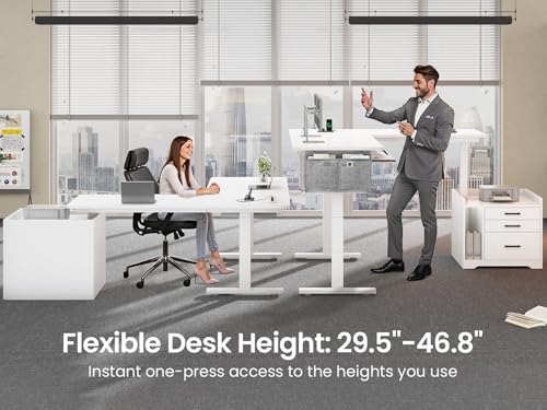 SEDETA L Shaped Electric Standing Desk with File Cabinet, 63 x 53'' Height Adjustable Home Office Computer Desk with Drawers, Power Outlet, Stand up Gaming Table with Led Lights, Keyboard Tray, White SEDETA