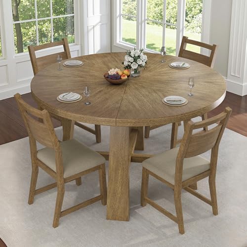 Jocisland Round Solid Wood Dining Table Set for 4, 5-Piece Mid-Century Kitchen & Dining Room Furniture with Padded Chairs, Space-Saving Design, Radial Grain Finish, Easy Assembly Jocisland