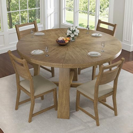 Jocisland Round Solid Wood Dining Table Set for 4, 5-Piece Mid-Century Kitchen & Dining Room Furniture with Padded Chairs, Space-Saving Design, Radial Grain Finish, Easy Assembly Jocisland