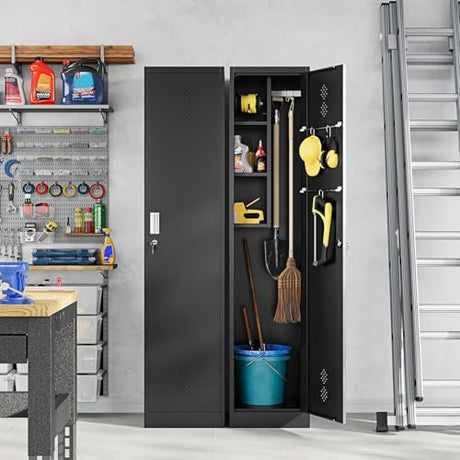 Letaya Broom Closet Storage Cabinet,Metal Cleaning Supply Tool Cabinet,Utility Cabinets for Brooms & Mops Black Garage Organization Cabinet for Laundry Room, Bathroom Letaya