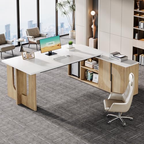 Tribesigns 74.8 Inch Executive Desk, Large Office Desk with Cabinet, L Shaped Computer Desk with Shelves and CPU Storage, Modern Home Office Desks Business Furniture Workstation Set, White and Wood Tribesigns