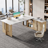 Tribesigns 74.8 Inch Executive Desk, Large Office Desk with Cabinet, L Shaped Computer Desk with Shelves and CPU Storage, Modern Home Office Desks Business Furniture Workstation Set, White and Wood Tribesigns