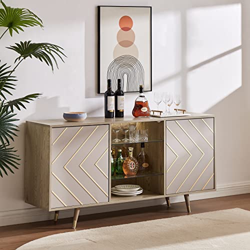 roomfitters Mid Century Modern TV Stand with Storage, Entertainment Center with LED Lights, Sideboard Credenza Buffect Cabinet, Media Console for Living Room (Geometric Grey, Gold Inlayed) roomfitters