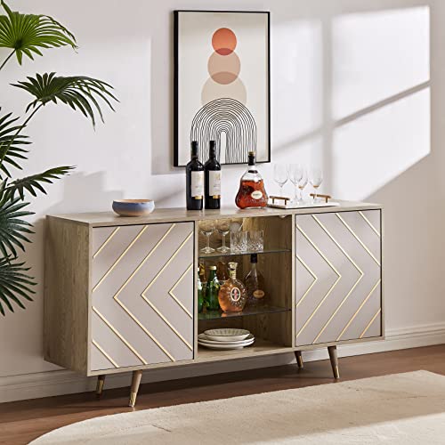 roomfitters Mid Century Modern TV Stand with Storage, Entertainment Center with LED Lights, Sideboard Credenza Buffect Cabinet, Media Console for Living Room (Geometric Grey, Gold Inlayed) - WoodArtSupply