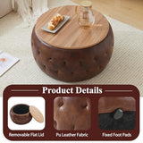 gusohey Round Storage Ottoman with Wooden Lid, Tufted PU Leather Circle Ottoman Footrest Stool Bench Coffee Table for Living Room,Brown gusohey