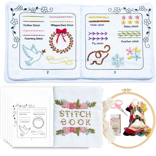 CIZULFY Beginner Embroidery Stitch Book Kit with Pre-Printed Fabric, 30 Essential Stitches and Practice Patterns(Floral Animal etc), Embroidery Beginner kit Adult with Tool and Video Guide
