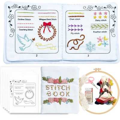CIZULFY Beginner Embroidery Stitch Book Kit with Pre-Printed Fabric, 30 Essential Stitches and Practice Patterns(Floral Animal etc), Embroidery Beginner kit Adult with Tool and Video Guide