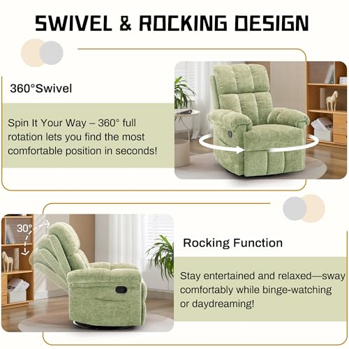 Korser Recliner Chair, Swivel Rocker Recliner Chair for Adults, Small Recliners for Small Spaces, Upholstered Manual Recliner with Side Pockets, Nursery Rocking Chair for Living Room, Chenille, Green