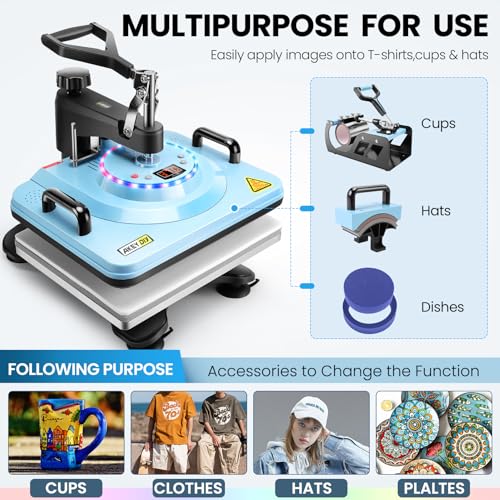 AKEYDIY 8 in 1 Heat Press with Tumbler Attachment 12 x 15 Inch Press W/Light Up PrimePress Sublimation Heat Press Machine Multifunction Swing Away Shirt Printing Heat Press for T-Shirts Cap & Mugs AKEYDIY