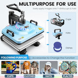 AKEYDIY 8 in 1 Heat Press with Tumbler Attachment 12 x 15 Inch Press W/Light Up PrimePress Sublimation Heat Press Machine Multifunction Swing Away Shirt Printing Heat Press for T-Shirts Cap & Mugs AKEYDIY
