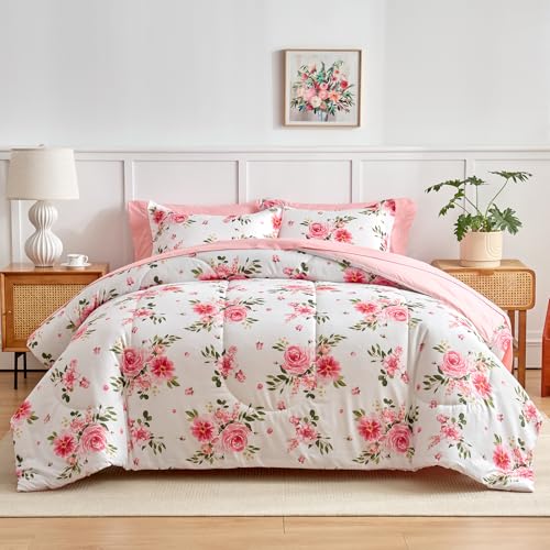 Flower Comforter Sheet Set White Bed in a Bag 7 Pieces Cal King Size Dark Pink Floral Bedding Set (1 California King Comforter 2 Pillow Shams 1 White Flat Sheet 1 Fitted Sheet 2 Pillowcases) UOZZI BEDDING
