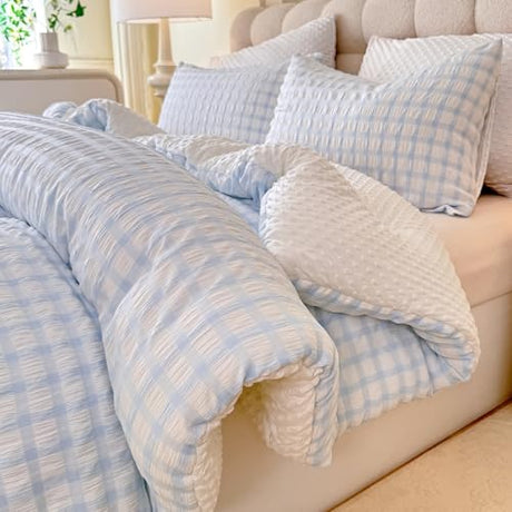 tohrisa Boho Comforter Set Full Size - 3 Pieces Lightweight Jacquard Seersucker Bedding Sets (1 Soft Fluffy Grid Comforter & & 2 Pillowcases) - All Seasons Cozy Modern Bed Set(80"x90" Light Blue) tohrisa