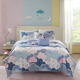 Intelligent Design Kids Reversible Cotton Quilt Set - Vibrant Fun, Playful Print, All Season Children Bedding Coverlet Bedspread, Decorative Pillow, Bedroom Décor, Twin, Cloud Blue 4 Piece Intelligent Design