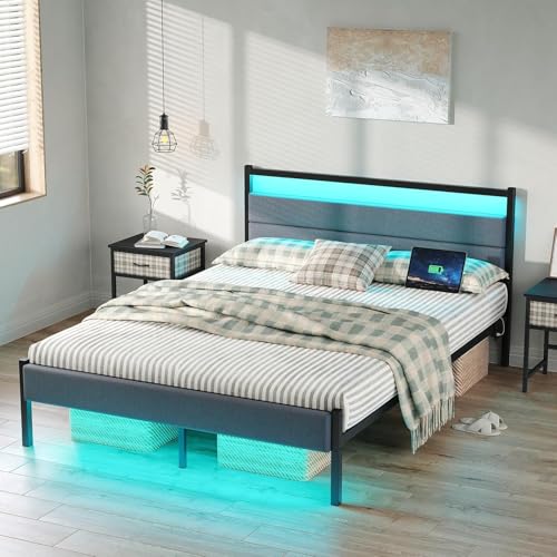 Full Bed Frames with Charging Station, LED Lights Bed with Grey Upholstered Headboard, Under Bed Storage, With Heavy Duty Slats Support, No Box Spring Needed, Noise Free, Easy Assembly, Black CollaredEagle
