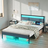Full Bed Frames with Charging Station, LED Lights Bed with Grey Upholstered Headboard, Under Bed Storage, With Heavy Duty Slats Support, No Box Spring Needed, Noise Free, Easy Assembly, Black CollaredEagle
