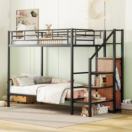 Harper & Bright Designs Metal Bunk Bed with Stairs and Wardrobe, Twin Over Twin Bunk Bed Frame with Storage Ladder, for Kids Teens Adults, Black Harper & Bright Designs