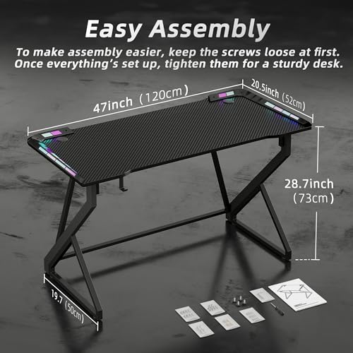 TIQLAB Gaming Desk with LED Lights, 47 Inch Computer Desk for Home Small Space, Gaming Table with Carbon Fiber Surface, PC Gamer Desk for Kids Boys Men, Black TIQLAB