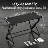 TIQLAB Gaming Desk with LED Lights, 47 Inch Computer Desk for Home Small Space, Gaming Table with Carbon Fiber Surface, PC Gamer Desk for Kids Boys Men, Black TIQLAB