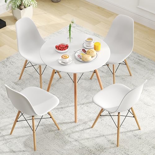 Tangkula Round Dining Table Set for 4, Modern Circle Kitchen Table & 4 Chairs with Ergonomic Seats and Solid Wood Legs, 5-Piece Dining Room Set for Small Spaces, Kitchen, Living Room Tangkula