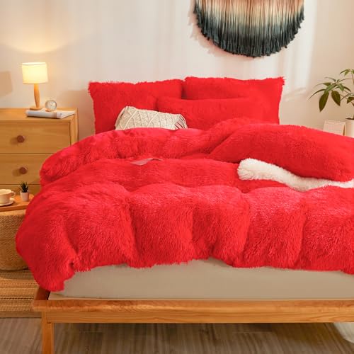 Besfunny Faux Fur Fluffy Red Comforter Cover Queen Set – Plush Faux Fur Red Bedding 3-Piece Set (1 Duvet Cover + 2 Furry Pillow Shams) Cozy Bed Set Besfunny