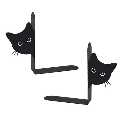 Bookends Metal Cat Book Ends, 1 Pairs Cute Bookends for Shelves Decorative for Home Office Desk Bookshelf Decor (Black, Full-face)