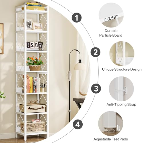 Tribesigns 78.7 Inch Extra Tall Narrow Bookshelf, 7 Tier Skinny Bookcase for Small Spaces, Freestanding Display Shelves, Multifunctional Corner Storage Organizer for Home Office, White