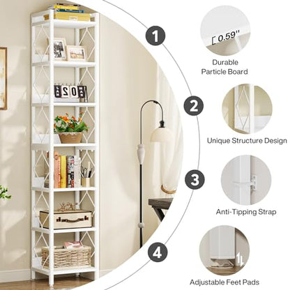 Tribesigns 78.7 Inch Extra Tall Narrow Bookshelf, 7 Tier Skinny Bookcase for Small Spaces, Freestanding Display Shelves, Multifunctional Corner Storage Organizer for Home Office, White