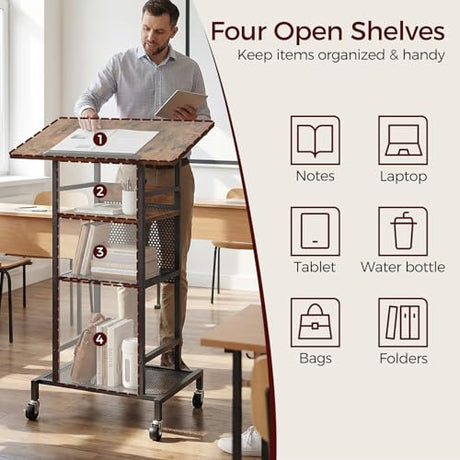 MAHANCRIS Podium Stand with Locking Wheels, 4-Tier Mobile Lectern with Storage Shelves and Non-Slip Lip, for Classroom, Church, Conference Standing Desk, Rustic Brown and Black LPHR6001 MAHANCRIS
